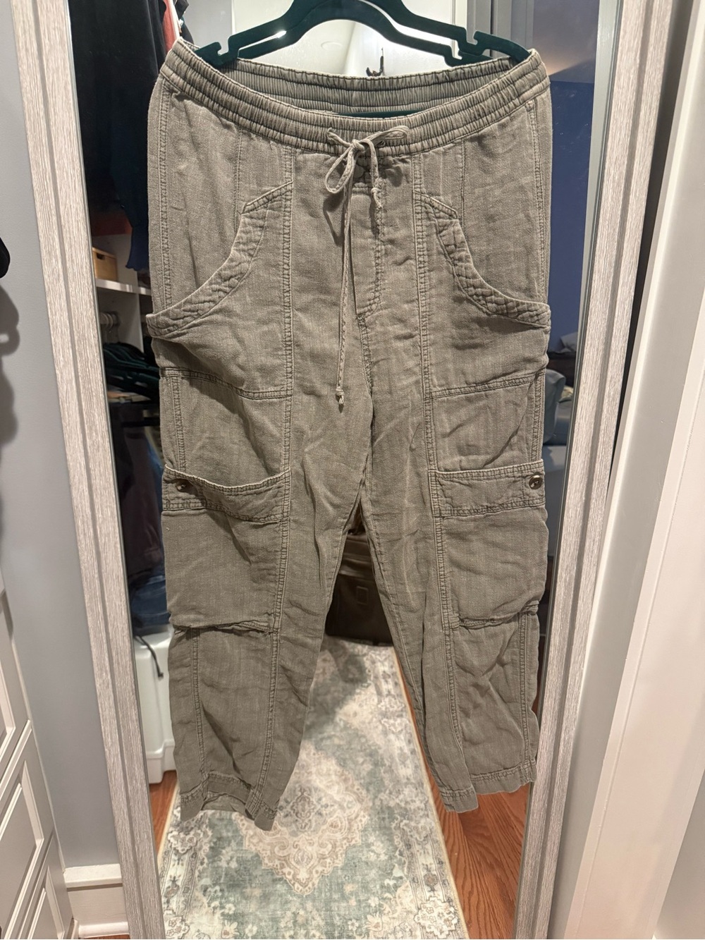 Free People Olive Green Linen Blend Cargo Pants Drawstring Joggers Size Small